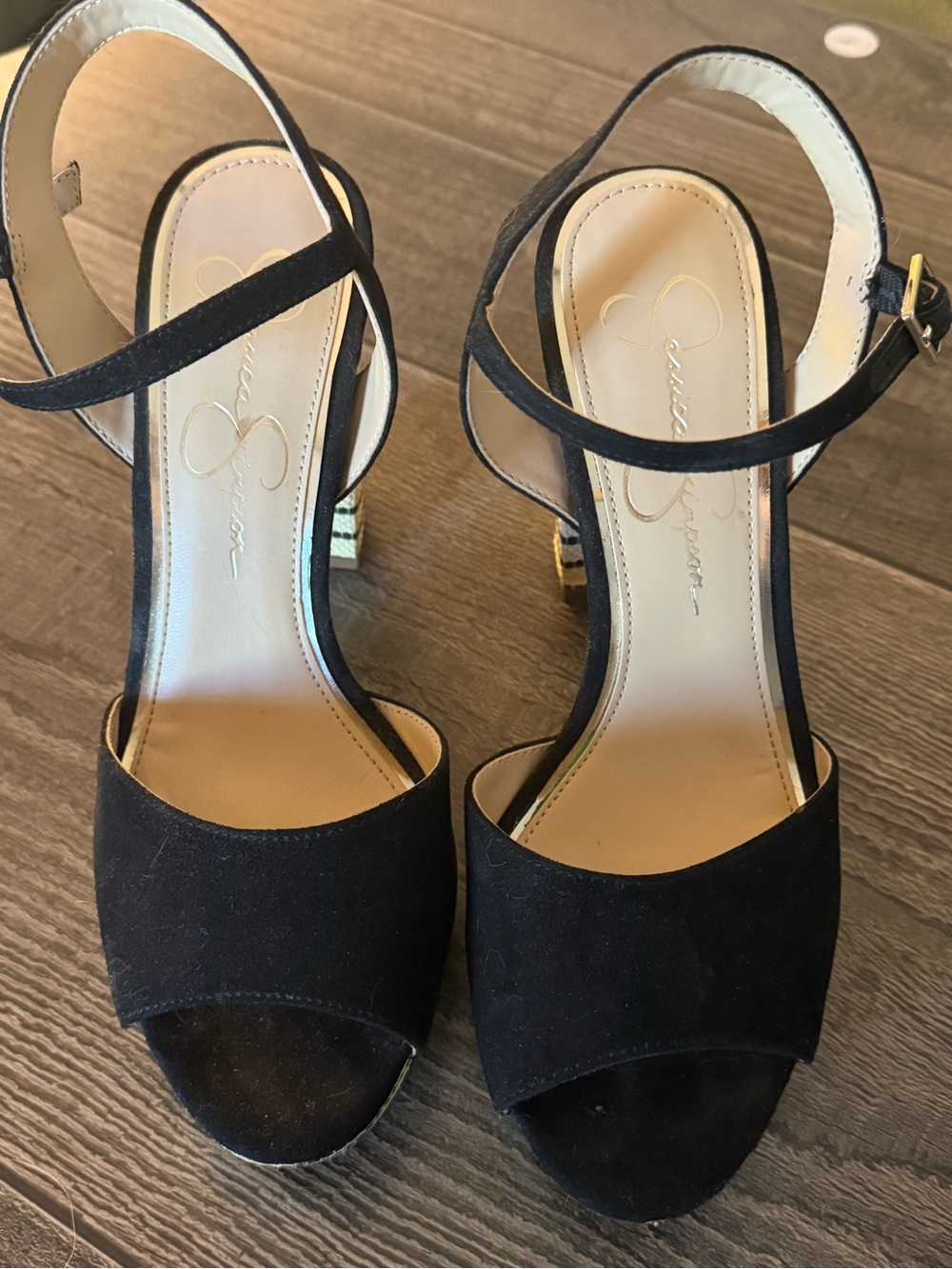 Jessica Simpson Black Platform Heels with Woven Stripe Heel